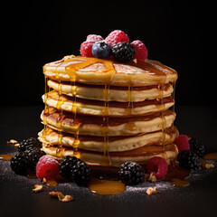 Stack of pancakes with berries on dark background