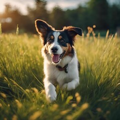 AI generated illustration of an active canine in an outdoor setting, surrounded by tall grass