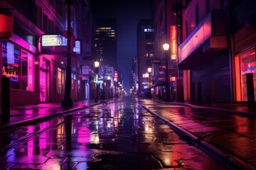 Night city, empty city streets after sunset in neon purple color