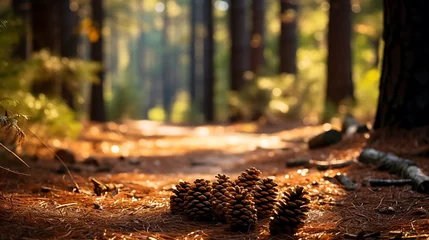Gardinen Enchanting soft focus of a forest trail in autumn, pinecones scattered, sunlight © MuhammadInaam