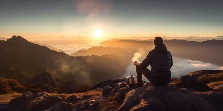 Hiker drinking coffee on a mountain peak with a breathtaking sunrise light view