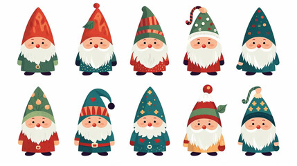 simple vector illustration set, isolated on a white background, Free vector hand drawn flat christmas gnomes collection. Vector element for christmas card, christmas invitation.