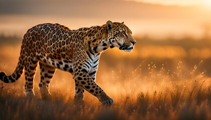 Jaguar, Panther oder Gepard schleicht beobachtend durch Gras in Savanne, Serengeti, Afrika auf der Suche nach Fleisch Beute als Jäger, Großkatze gefährliche wild lebende Tiere Raubtiere grazil Katze  - obrazy, fototapety, plakaty