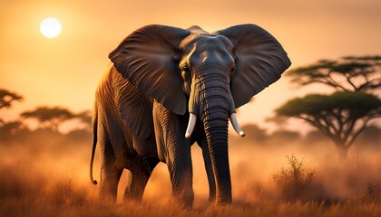 großer afrikanischer Elefant allein mit Elfenbein Stoßzähnen Rüssel, in goldener Stunde, wild lebende Tiere in Afrika oder Australien ,Savanne Serengeti, Nationalpark, Safari, Kenia Graslandschaft,  - obrazy, fototapety, plakaty