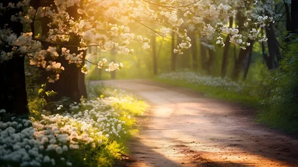 Fototapeten Enthralling defocused view capturing a forest road in spring, blossoms strewn, sunlight © MuhammadInaam
