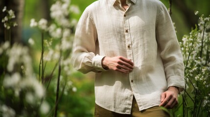 Fototapeta premium Show a textured, linen spring shirt with a natural, organic feel in a garden environment.