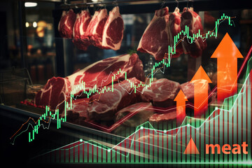 Butcher's display of meat with ascending stock market graphs showing economic trends