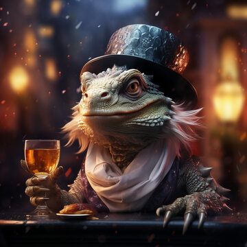 Realistic photo portrait of fashionable formidable mythical dragon in guest suit with butterfly and with a glass of champagne waiting for new year. Iguana, komodo, reptile new year