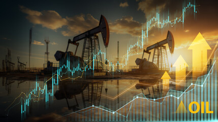 Oil pump jack silhouette with financial graphs at sunset symbolizing energy market growth - obrazy, fototapety, plakaty