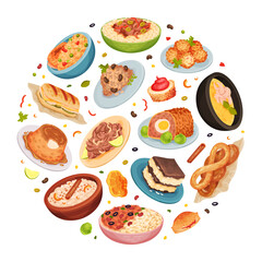 Cuban Food Round Composition Design with Tasty Served Dish Vector Template