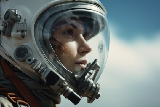 A close-up image of a person wearing a space suit. This picture can be used to depict astronauts, space exploration, or futuristic themes.
