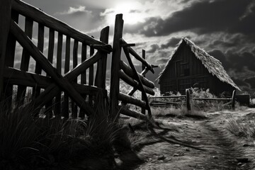 A black and white photo of a barn and a fence. Suitable for various uses.