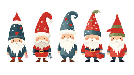 simple vector illustration set, isolated on a white background, Free vector hand drawn flat christmas gnomes collection. Vector element for christmas card, christmas invitation.