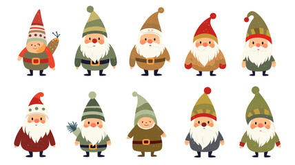 simple vector illustration set, isolated on a white background, Free vector hand drawn flat christmas gnomes collection. Vector element for christmas card, christmas invitation.