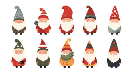 simple vector illustration set, isolated on a white background, Free vector hand drawn flat christmas gnomes collection. Vector element for christmas card, christmas invitation.