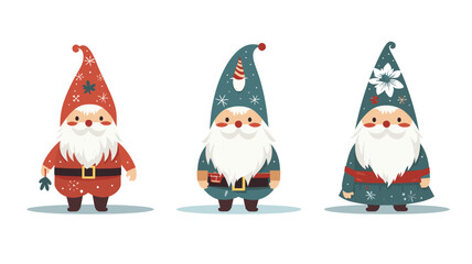 simple vector illustration set, isolated on a white background, Free vector hand drawn flat christmas gnomes collection. Vector element for christmas card, christmas invitation.