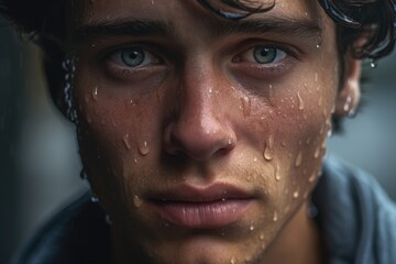 A close up view of a person with a wet face. This image can be used to depict emotions such as sadness, joy, or relief, as well as for skincare or beauty-related concepts.