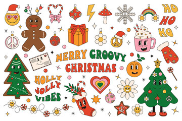 Trendy Christmas collection 
of stickers in Groovy hippie style. Merry Christmas and Happy New year trendy vintage retro cartoon characters. Vector illustration.
