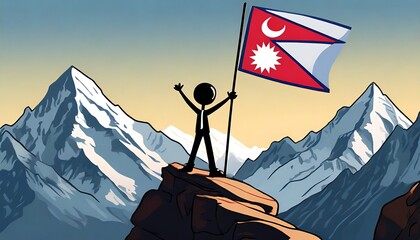 Welcome to Nepal poster. Happy stickman holding a Nepal flag celebrating in Himalayas