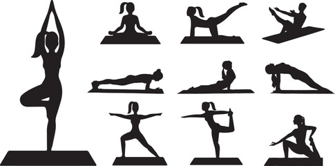 set of yoga poses and pilates silhouettes on yoga mat, fitness, basic exercise, fitness and physical activity
