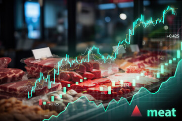 Fresh cuts of meat displayed with superimposed financial growth charts indicating market trends. - obrazy, fototapety, plakaty