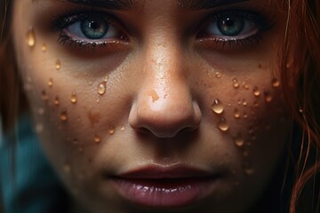 A close-up view of a woman with water droplets on her face. 