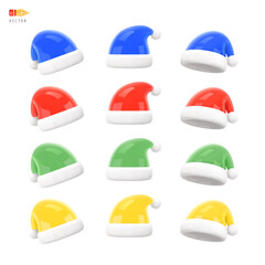 Christmas Santa Claus Hat of different colours Big Set. Christmas element of traditional costume. Realistic 3d mocup design element in cartoon style. Icons isolated on white. 3D Vector objects