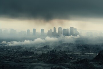 A captivating view of a city engulfed in thick smoke. This image can be used to depict pollution, environmental issues, urban landscape, or the effects of industrialization.