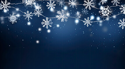 Festive Christmas banner with place to copy text and LED garland on dark blue background with white snowflakes around. Winter seasonal decor, creating atmosphere of celebration and comfort. Copy space