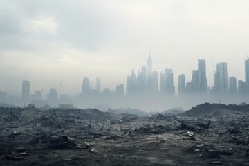 A view of a city in the distance from a pile of rubble. This image can be used to depict urban destruction or post-apocalyptic scenarios. - obrazy, fototapety, plakaty