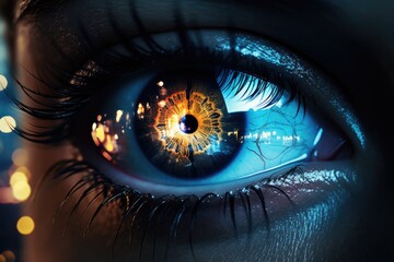 Naklejka premium A close-up view of a person's eye with vibrant and dazzling lights in the background.