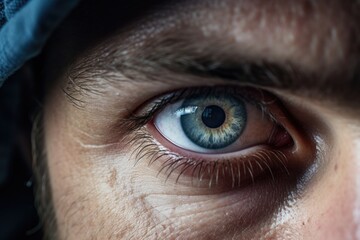 A close-up view of a person's eye with a hood on. This image captures the mysterious and intense gaze of the individual. Perfect for projects related to anonymity, secrecy, or suspenseful themes.