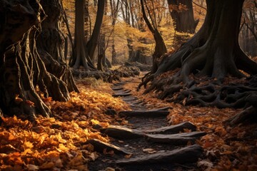 A picturesque path in the woods covered with fallen leaves. Perfect for nature-themed designs and autumn-related projects.