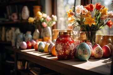 Obraz na płótnie Canvas Decorated easter eggs on wooden table