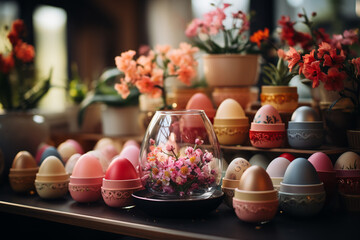 Decorated easter eggs on wooden table - obrazy, fototapety, plakaty