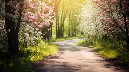 Fototapeten Enthralling defocused view capturing a forest road in spring, blossoms strewn, sunlight © MuhammadInaam