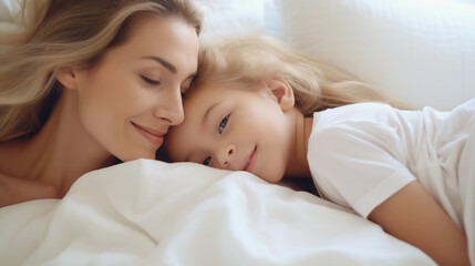 Fototapeta na wymiar Cute little blond girl sleeping with mother on bed, white bedsheets and cozy room, closeup portrait