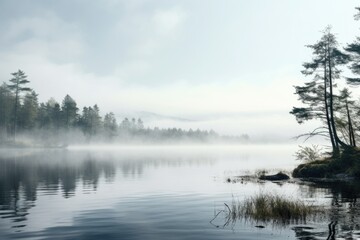 A serene and peaceful scene of a body of water surrounded by trees on a foggy day. 