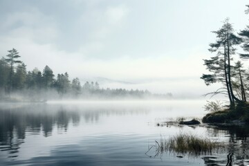 Obraz premium A serene and peaceful scene of a body of water surrounded by trees on a foggy day. 