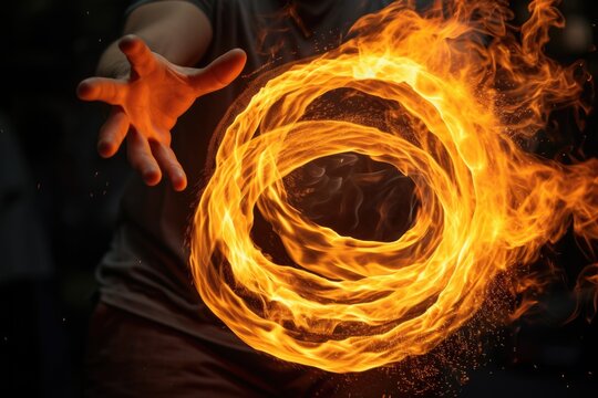 A man holding a fire ring in his hand. This image can be used to depict concepts such as warmth, power, energy, and control.