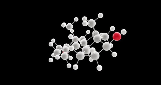 Dihydrotestosterone molecule, rotating 3D model of sex steroid, looped video on a black background