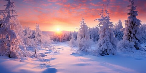 The beautiful sunrise in winter with a peaceful and magnificent scene. The entire scenery gives a feeling of tranquility, calmness and calmness, immersing them in the beauty of nature - obrazy, fototapety, plakaty