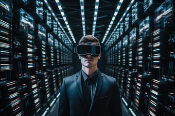 Fototapeta premium A man wearing virtual reality glasses in a data center. Metaverse and virtual space concept