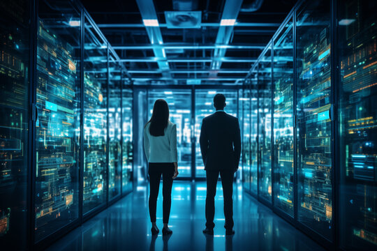 A team of specialists works in the data center.