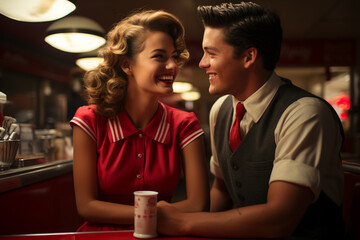 People have a dinner in american diner of 1950s - obrazy, fototapety, plakaty