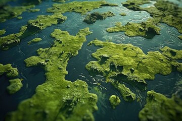 A detailed view of algae covering the surface of a body of water. This image can be used to illustrate the presence of algae in aquatic environments.