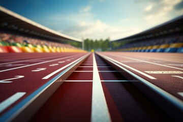 An empty track in a stadium with a clear blue sky background. Ideal for sports-related designs and concepts.