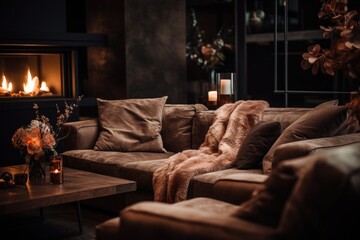 A warm and inviting living room filled with comfortable furniture and a crackling fireplace. Perfect for creating a cozy atmosphere in any home or commercial space.