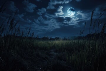 A serene image of a grassy field under the light of a full moon. Perfect for nature enthusiasts or those seeking a peaceful atmosphere.