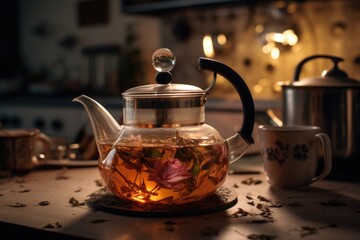 A picture of a tea pot with a beautiful flower inside, placed on a table. This image can be used to depict a cozy tea time or to add a touch of elegance to various designs